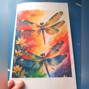 3 for 25$ , Dragonflies colorful greeting handmade card / pencil art